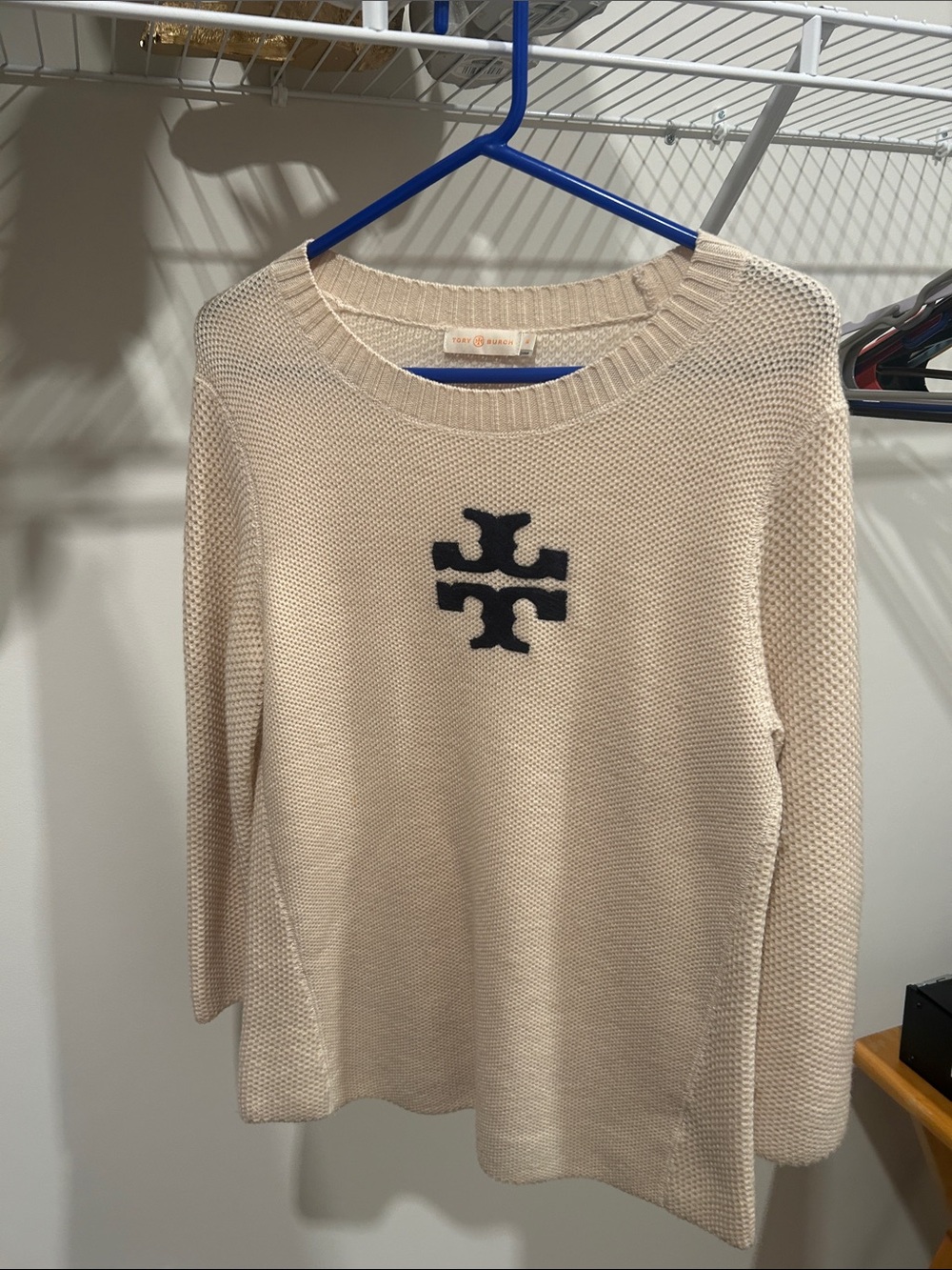 Tory Burch Cream Knit Sweater with Navy Logo